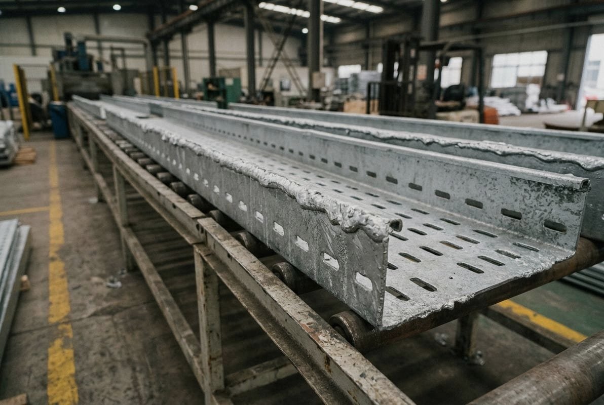 Testing Zinc Coating Thickness Testing zinc coating thickness on cable trays using a magnetic gauge for QC standards (ID#4)