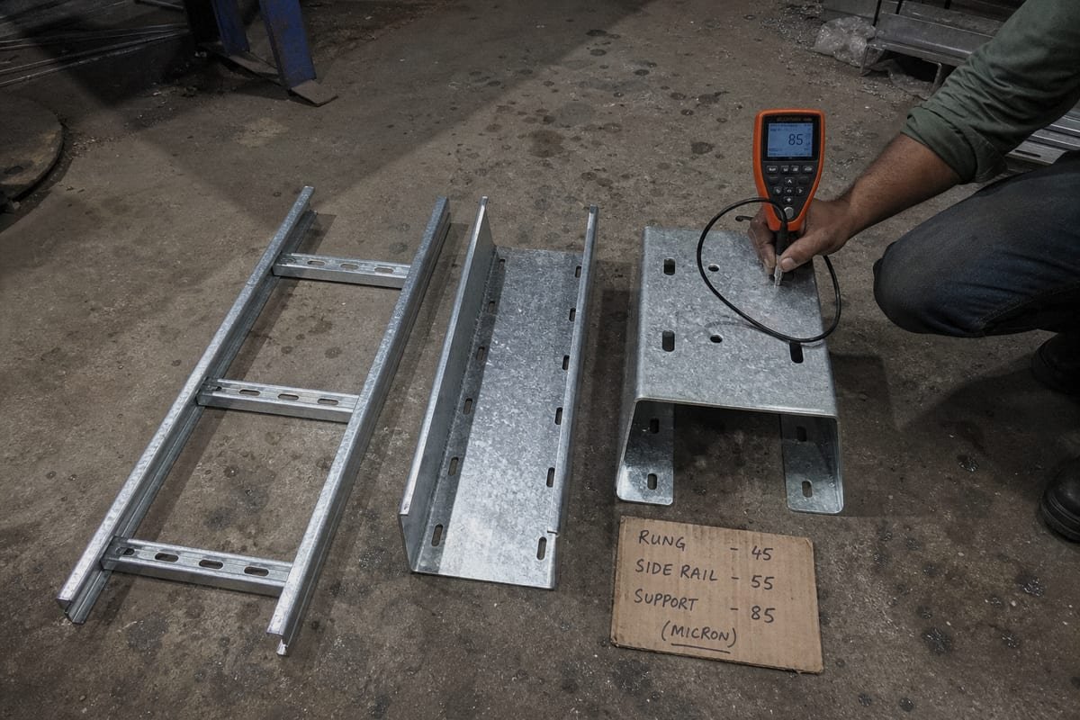 Verifying zinc coating thickness and quality with magnetic gauge before cable tray shipment (ID#4)