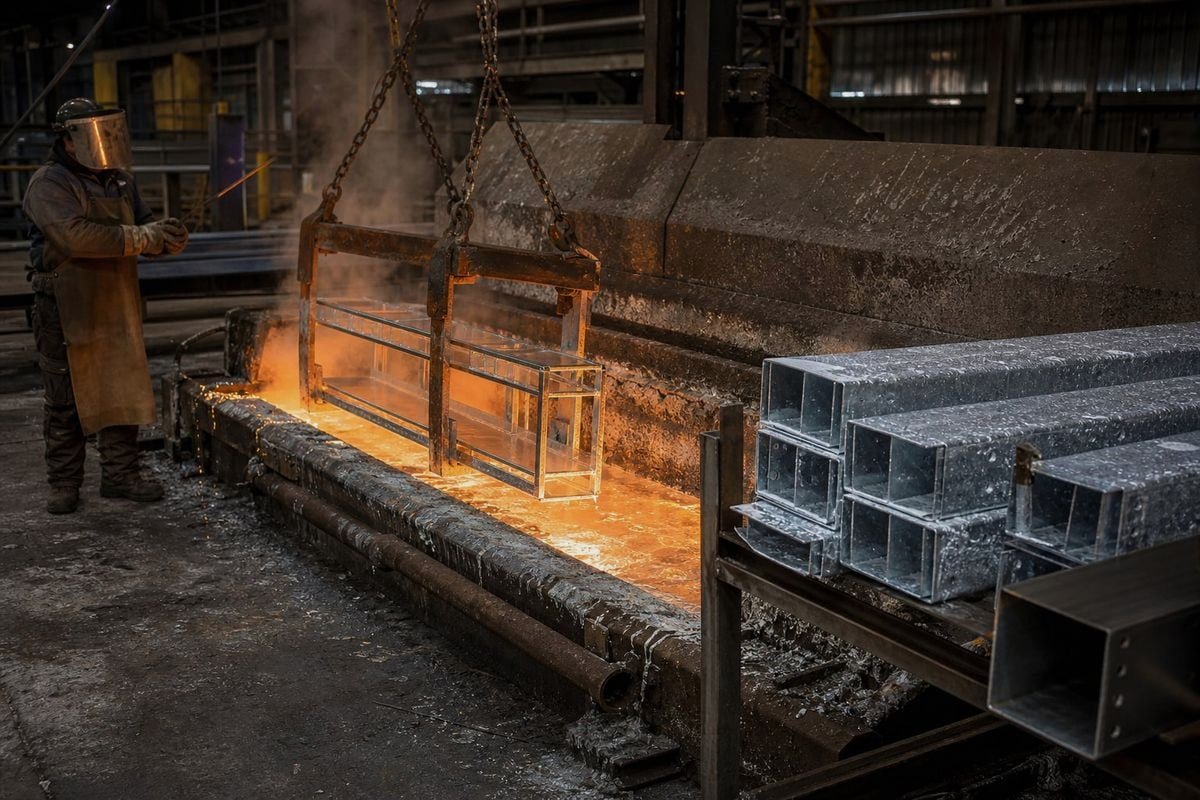 Molten zinc bath process forming corrosion resistant zinc-iron alloy layers on trunking (ID#2)