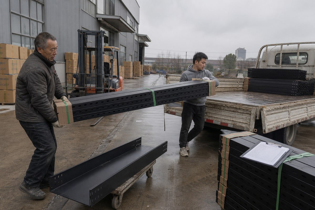 Customizable powder-coated perforated cable tray options for width, gauge, and accessories (ID#5)