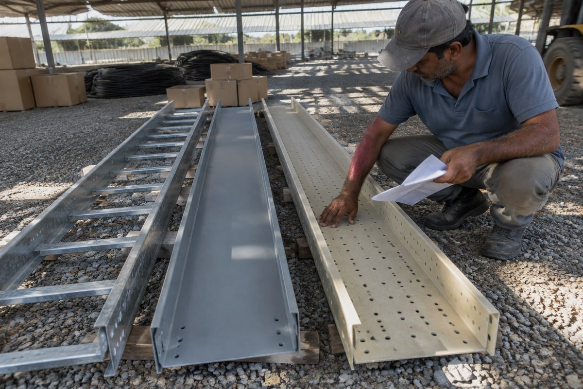 Custom Tray Options Customization options for FRP/GRP perforated cable tray dimensions and materials (ID#5)