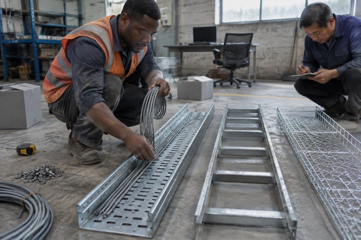 Tray-type cable tray with perforated base offers better support and ventilation than ladder or mesh designs (ID#3)